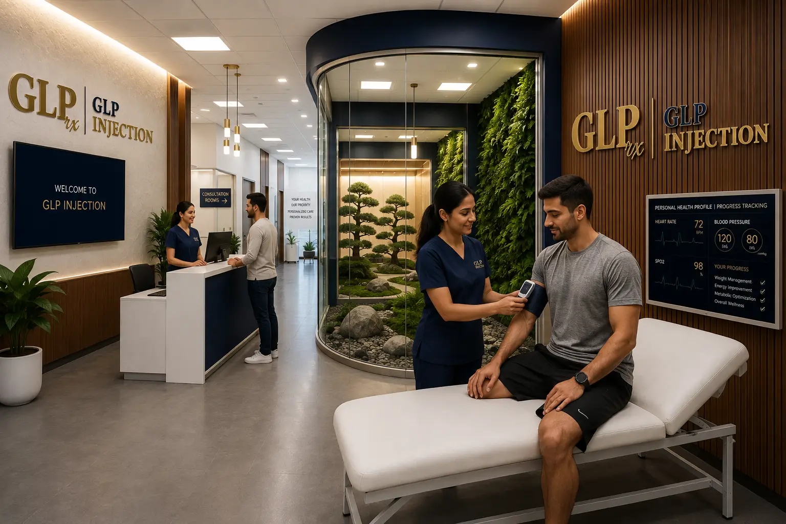 Modern GLP injection clinic interior with healthcare professional monitoring a patient's health progress during a personalized wellness consultation.