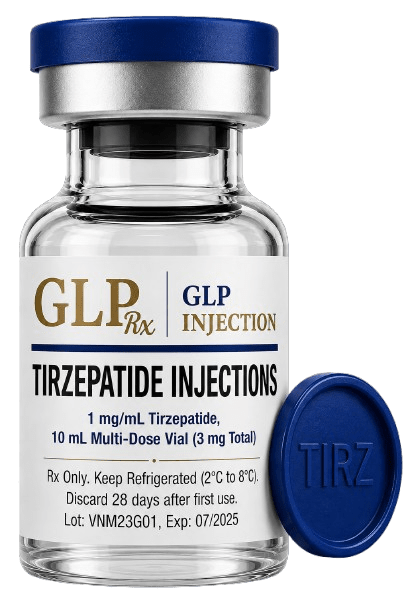 GLP Injection Tirzepatide Injection vial with blue cap labeled for professional medical and healthcare use.