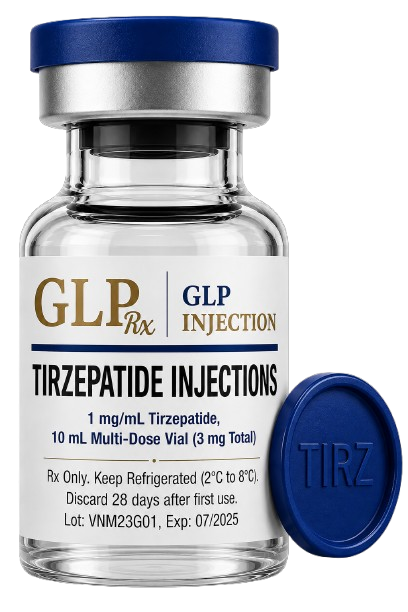 GLP Injection Tirzepatide Injection vial with blue cap labeled for professional medical and healthcare use.