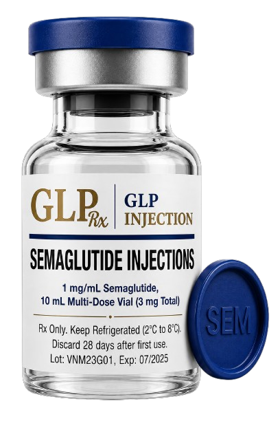 GLP Injection Semaglutide Injection vial with blue cap labeled for professional medical and healthcare use.