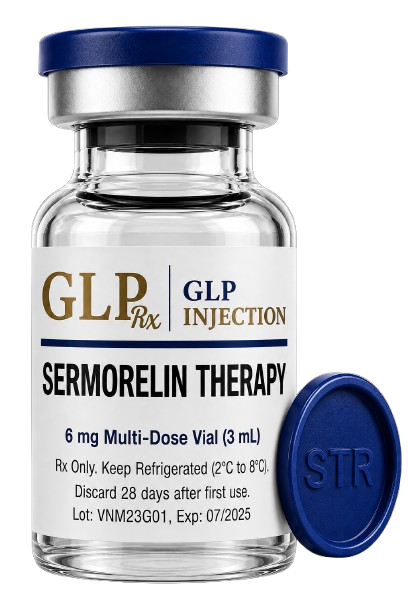 GLP Injection Sermorelin Therapy vial with blue cap labeled for professional healthcare and wellness applications.