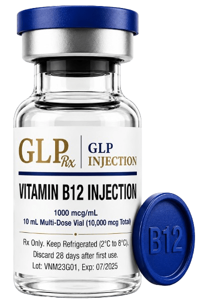 GLP Injection Vitamin B12 injection vial with blue cap labeled for professional vitamin therapy and healthcare use.