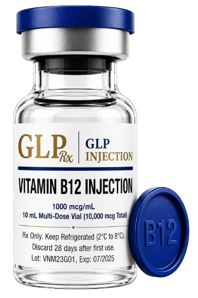 GLP Injection Vitamin B12 injection vial with blue cap labeled for professional vitamin therapy and healthcare use.