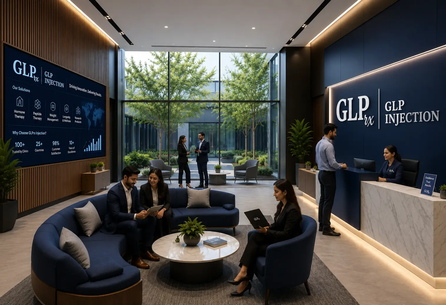 Modern GLP Injection clinic lobby with professional staff, consultation area, and healthcare branding in a luxury medical environment.