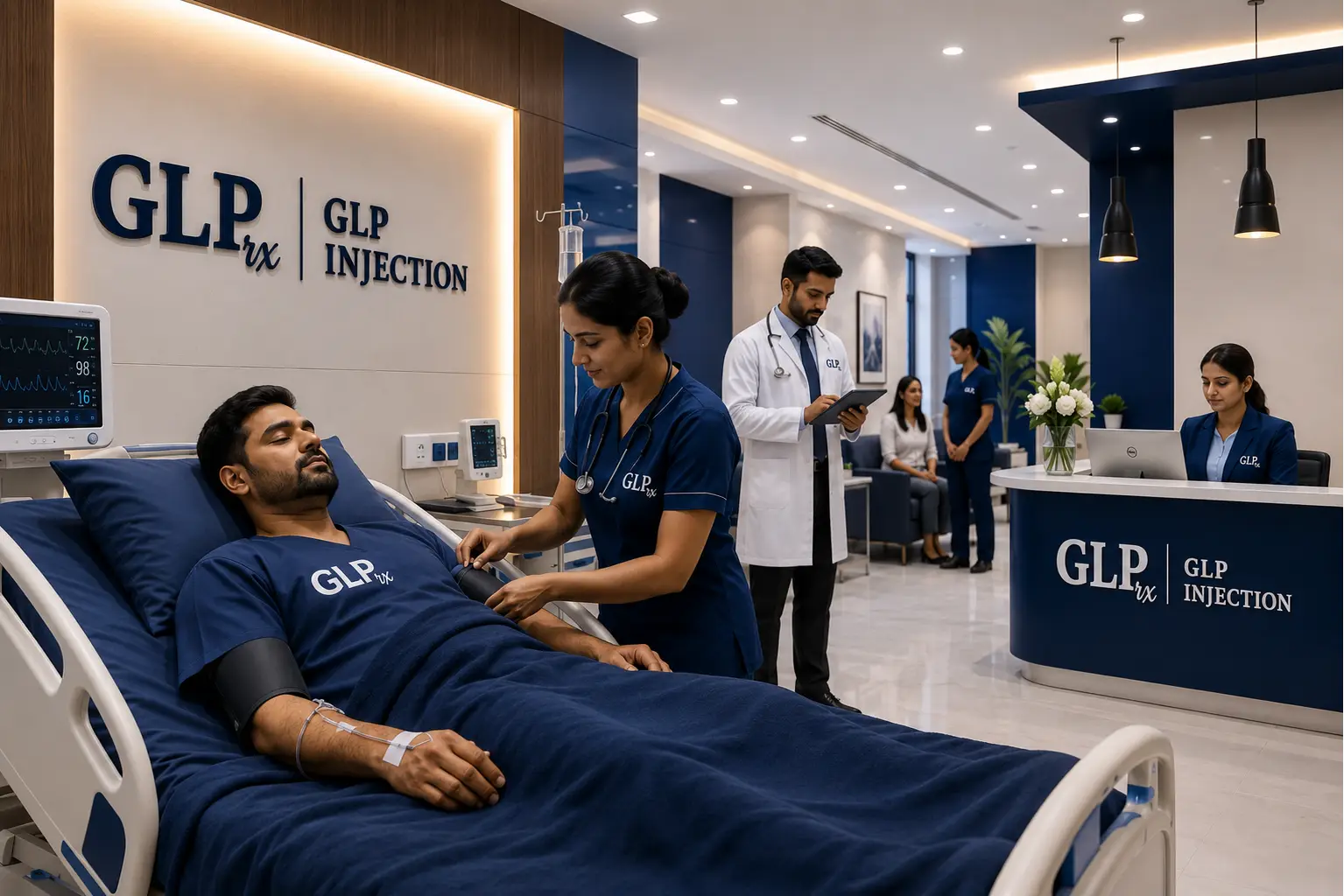 Modern GLP Injection clinic with healthcare professionals providing patient care and monitoring in a medical treatment room.