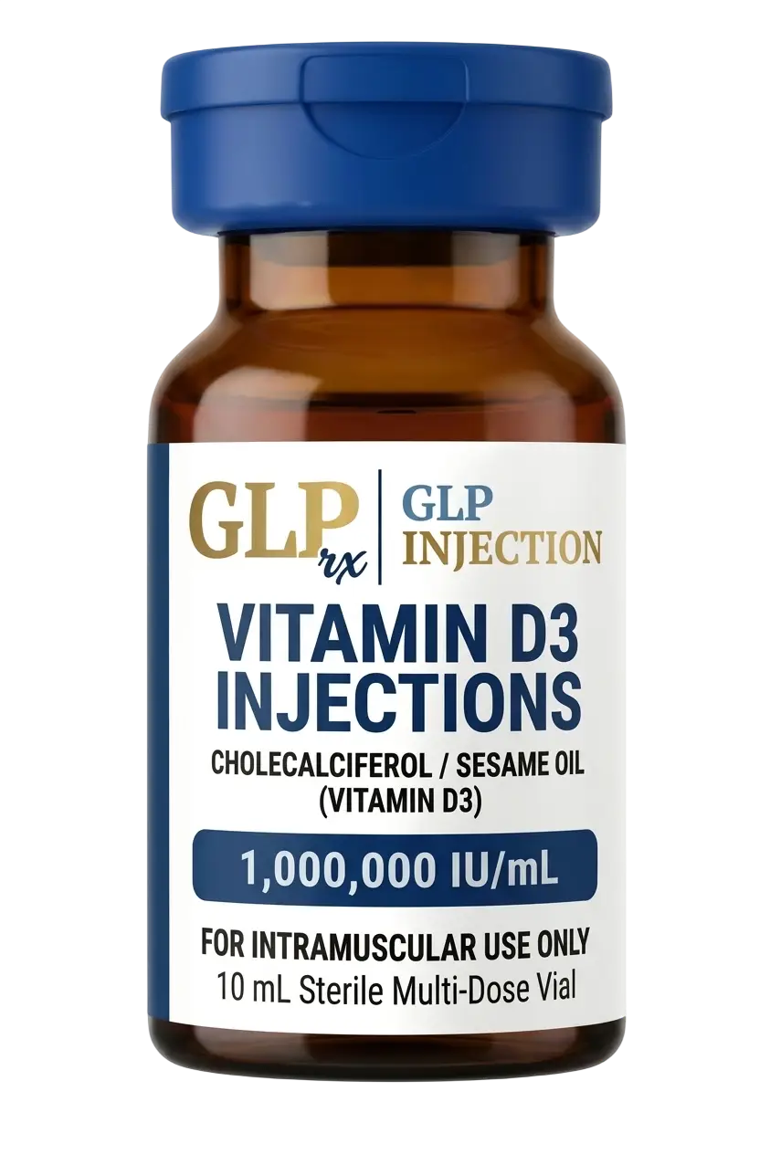 GLP Injection Vitamin D3 injection vial labeled with cholecalciferol and sesame oil for medical use.
