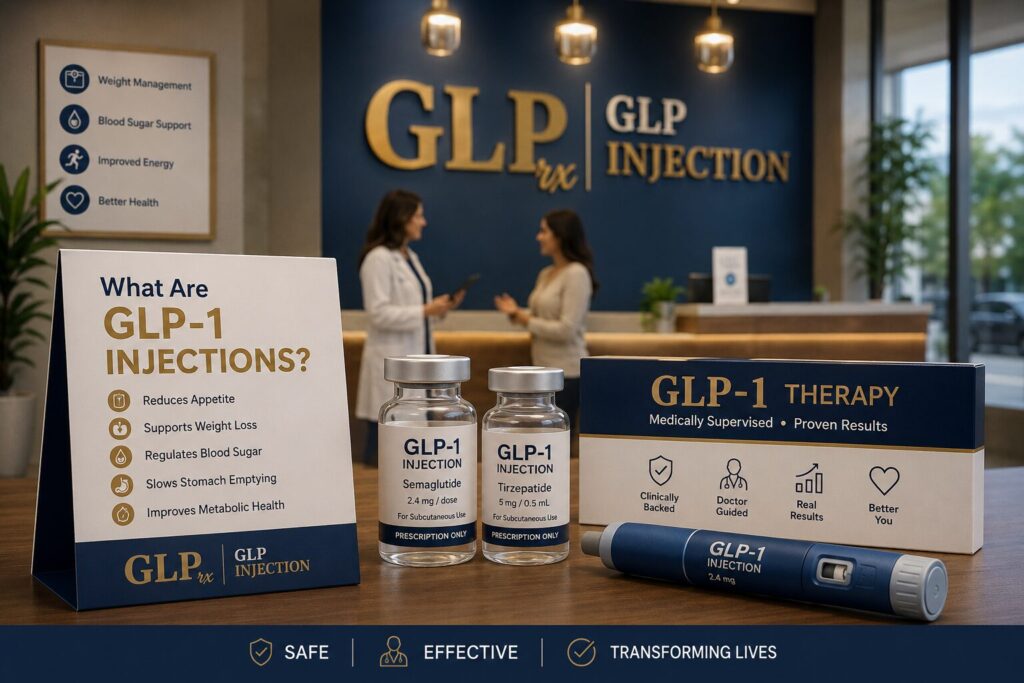 GLP-1 injection therapy clinic with prescription medications and healthcare consultation.