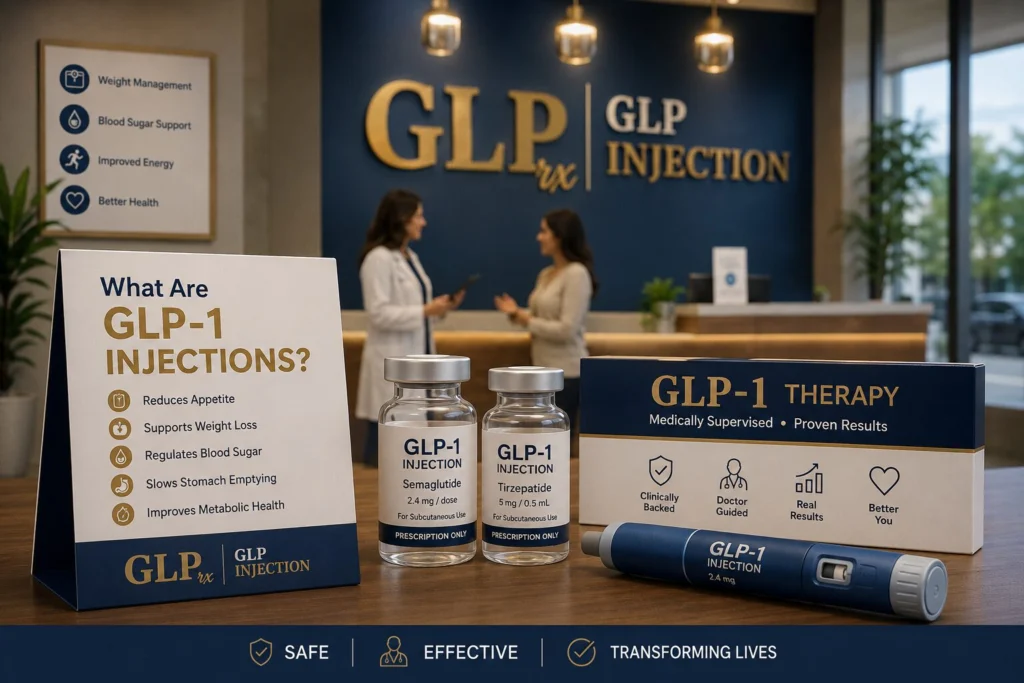 GLP-1 injection therapy clinic with prescription medications and healthcare consultation.